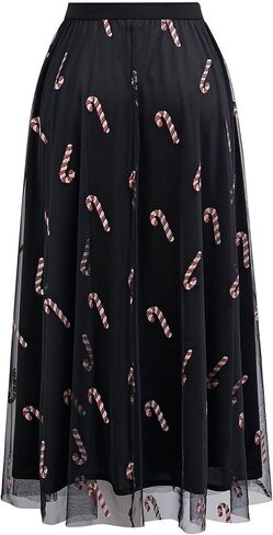 CHICWISH Women Christmas Shimmer Candy Cane Print Mesh Tulle Midi Skirt Cute High Waist A-Line Casual Holiday Skirts in Kuwait