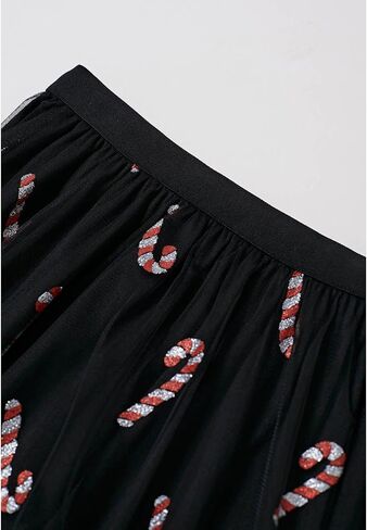 CHICWISH Women Christmas Shimmer Candy Cane Print Mesh Tulle Midi Skirt Cute High Waist A-Line Casual Holiday Skirts in Kuwait