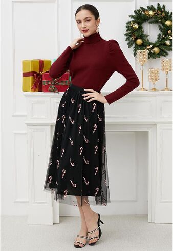 CHICWISH Women Christmas Shimmer Candy Cane Print Mesh Tulle Midi Skirt Cute High Waist A-Line Casual Holiday Skirts in Kuwait
