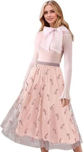 CHICWISH Women Christmas Shimmer Candy Cane Print Mesh Tulle Midi Skirt Cute High Waist A-Line Casual Holiday Skirts in Kuwait