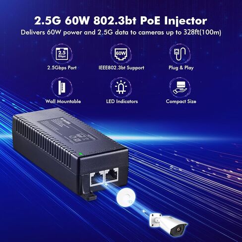 حاقن MokerLink Gigabit PoE، 802.3af/at/bt 60W، 10/100/1000Mbps Ethernet، التوصيل والتشغيل، مسافة تصل إلى 100 متر (328 قدمًا) in Kuwait