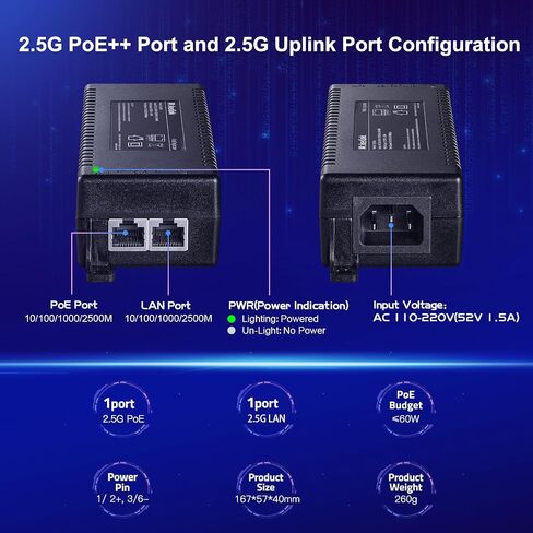 حاقن MokerLink Gigabit PoE، 802.3af/at/bt 60W، 10/100/1000Mbps Ethernet، التوصيل والتشغيل، مسافة تصل إلى 100 متر (328 قدمًا) in Kuwait