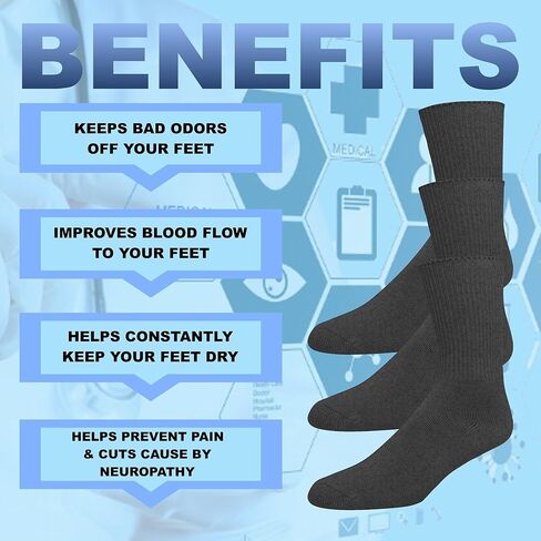 EMEM Apparel Men's Diabetic Crew Cotton Socks | Non-Binding Loose Top | Seamless Toe | 3-Pair | Big and Tall Available in Kuwait