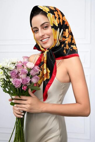 AWAYTR 35" Satin Head Scarf for Women Like Silk Scarf Hair Bandanas Women Large Square Neck Scarf Headscarf Head Wrap in Kuwait