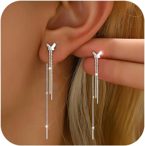 925 Sterling Silver Tassel Chain Dangle Earrings for Women Sparkling Long Fringe Dangle Drop Earrings Bling Line Minimalist Wedding Studs Earring Jewelry Birthday Graduation Gifts for Her in Kuwait