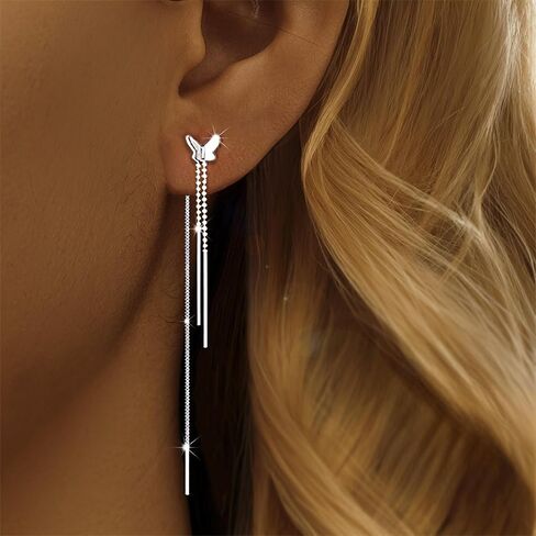 925 Sterling Silver Tassel Chain Dangle Earrings for Women Sparkling Long Fringe Dangle Drop Earrings Bling Line Minimalist Wedding Studs Earring Jewelry Birthday Graduation Gifts for Her in Kuwait