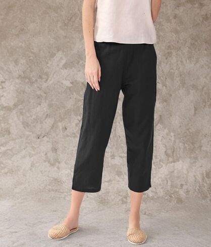 Amazhiyu Womens Linen Capri Pants with Pockets Full Elastic Waistband Casual Pants in Saudi Arabia