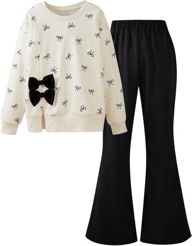 Girl's 2 Piece Fall Outfits Bow Graphic Crewneck Sweatshirts and Flare Leg Pants Set Fall Clothes in Saudi Arabia