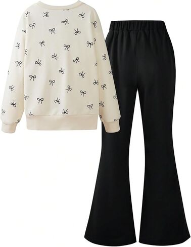 Girl's 2 Piece Fall Outfits Bow Graphic Crewneck Sweatshirts and Flare Leg Pants Set Fall Clothes in Saudi Arabia