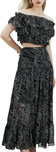 Womens 2025 Floral Skirt Set 2 Piece Off Shoulder Empire Waist Chiffon Ruffle Flowy Swing Casual Wear White in Saudi Arabia