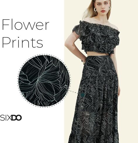 Womens 2025 Floral Skirt Set 2 Piece Off Shoulder Empire Waist Chiffon Ruffle Flowy Swing Casual Wear White in Saudi Arabia