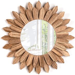 Emfogo Wall Mirror 12 inch Rustic Wood Farmhouse Mirror Sunburst Boho Mirror Wall Decor Room Decor Home Decor for Bedroom Living Room Entryway (Carbonized Black)