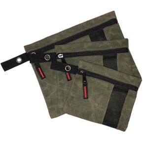 Overland Vehicle Systems Small Size 3-Bag Set of Storage Bags with Mesh Windows- #12 Waxed Canvas - Infused with Paraffin Wax Waterproofing - Universal For, Tools, Automotive, and more!
