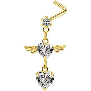 20G CZ Heart Dangle Nose Rings Stainless Steel L-Shaped Nose Studs Screws Dangling Gold Nose Piercing Jewelry for Women