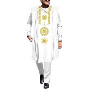 African Mens Clothing Sets Traditional Embroidery African Agbada Robe Suits 3 Piece Set Dashiki Outfit African Attire in Kuwait