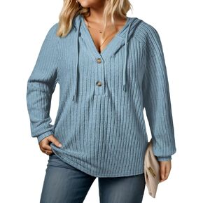 VISLILY Womens-Plus-Size-Hoodies Button V Neck Lightweight Knit Sweaters Casual Long Sleeve Tops Drawstring Hooded Sweatshirt