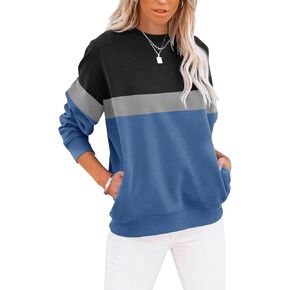 TICTICMIMI Women's Casual Long Sleeve Color Block/Solid Tops Crewneck Sweatshirts Cute Loose Fit Pullover with Pockets