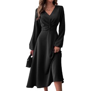 LalaLin Long Sleeve Wedding Guest Dress for Women V-Neck Twist Waist Cocktail Party Maxi Dresses