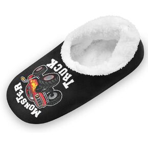 Monster Truck Black Slippers for Kids Home House Fuzzy Slipper Indoor Soft Plush Fleece Non Slip Casual Shoes for Boys Girls, XS