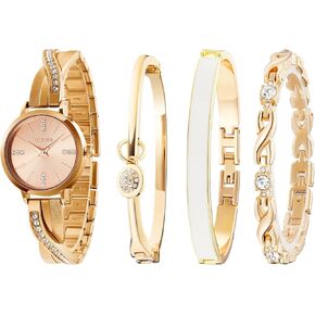 Women's Bangle Watch and Gold Watch Chain Bracelets Premium Crystal Accented Bracelet Set W50888L
