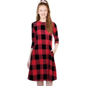 KYMIDY Girls Buffalo Check Plaid Dress Kids 3/4 Sleeve Casual Midi Dresses with Pockets for Girls 6-14 Years