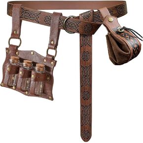 Medieval Alchemy Faux Leather Belt Waist Pack Bag Combo Potion Bottles with 4 Cork Potion Vials, Fantasy Wizard Rivet Belt Side Pouch for Cosplay Renaissance Faire Costume Props Accessories (B-Black)