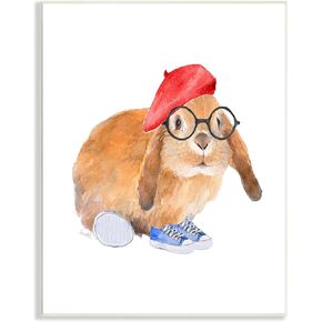 Stupell Industries Chic Bunny Rabbit Red Beret Hat Round Glasses, Designed by Lanie Loreth Wall Plaque, 13 x 19, Orange