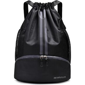 Sports Drawstring Backpack String Swim Gym Bag with Wet Proof Pocket Pull String Sport Bag for Soccer/Basketball (Black1)