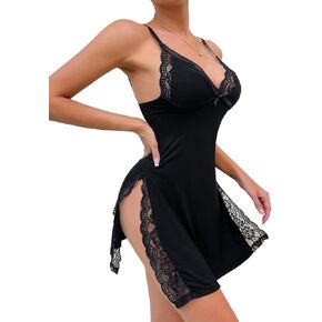 Sexy Split Side Floral Lace V-Neck Full Slip Babydoll Lingerie Dress One Piece