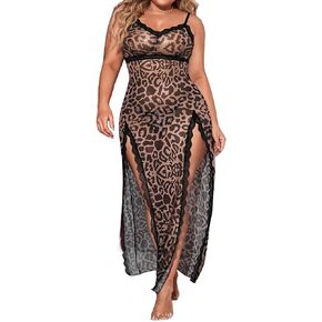 فستان نوم نسائي من SOFIA'S Choice بمقاس كبير على شكل الفهد، ملابس داخلية طويلة شبكية من الدانتيل، فستان نوم بفتحة جانبية in Kuwait