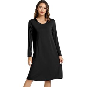 NACHILA Nightgowns for Women-Viscose Made from Bamboo, Long Sleeve Nightshirts Satin V Neck Sleepshirts Soft Sleep Dress