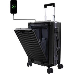 Carry On Luggage with Cup Holder and Usb Port, Aluminum Frame, Front Compartment, TSA Lock, 22x14x9 Airline Approved Hardside Suitcase with Spinner Wheels(Silver, 20-lnch), COL-004