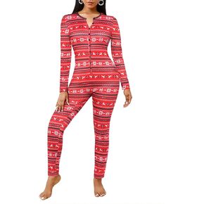 Ekouaer Womens Christmas Oneses Adult Button One Piece Pajama Romper Long Sleeve Jumpsuit Sleepwear for Women Soft Thermal