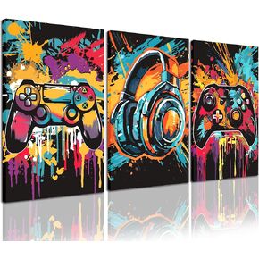 PHOPAGO Framed Cool Gaming Wall Art Retro Video Game Watercolor Graffiti Pictures Neon Gamepad Video Gamer Room Decor for Teenage Boys Gamer Room Decoration 12X16inx3pcs