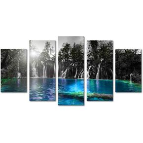 sechars Large 5 Piece Canvas Wall Art Black and White Dreamlike Waterfall Picture Teal Blue Lake at Sunset Landscape Painting for Home Living Room Decor Modern Giclee Artwork Framed Ready to Hang