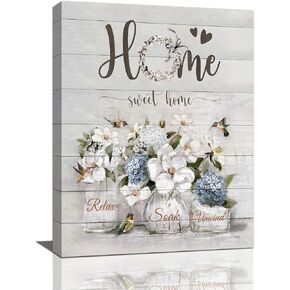 Farmhouse Flower Bathroom Decor Wall Art Rustic Hummingbird White Floral Pictures Wall Decor Relax Soak Unwind Home Sweet Home Canvas Painting Prints Artwork Decorations Framed for Bedroom 12"x16"