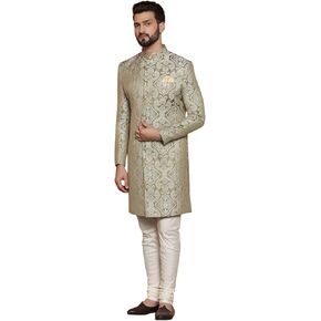 KISAH Men's Olive green Jacquard Indowestern Sherwani & Pajama Set – Regular Fit, Mandarin Collar |Indian Ethnic Wedding & Festive Wear