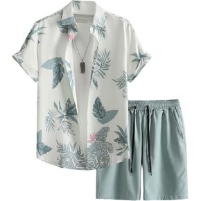 GORGLITTER Men's 2 Piece Floral Outfits Short Sleeve Button Down Shirts with Drawstring Waist Shorts Set