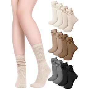 6 Pack Women Slouch Socks Cotton Knit Boot Socks Scrunch Socks Stacked Socks Warm Crew Tube Slouchy Socks Bulk