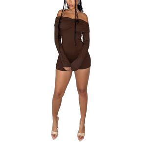 Women Sexy Off Shoulder Ruched Bodycon Shorts Jumpsuit Romper Long Sleeve One Piece Outfits
