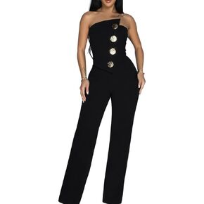 Molilove Womens Jumpsuit Casual Off Shoulder Sleeveless Tube Top Wide Leg Pants Romper Fall Asymmetricial One Piece Outfits