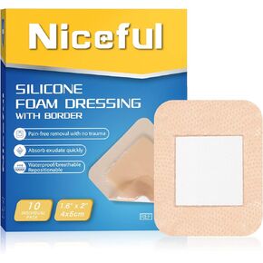10 Packs Silicone Foam Dressing 5"x5", Silicone Foam Dressing with Border Adhesive Bandages for Wounds, HSA FSA Eligible, Large Foam Bandages for Pressure Sores Leg Ulcer