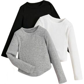 SweatyRocks Girl's 3 Pack T Shirts Crewneck Long Sleeve Ribbed Knit Casual Tee Tops