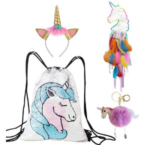 Charmbow Unicorn Gift Set Girls Drawstring Sequin Backpack/Necklace/Headband/Keychain/Hair Bow (White w/Dream Catcher)