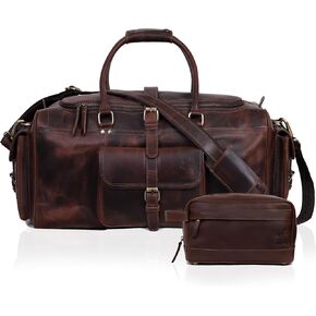 Luxury Leather Travel Bundle: Men's Full Grain Leather Duffle Bag & Buffalo Leather Toiletry Bag Set - Premium Weekend Travel Companion - Ideal for Stylish Getaways, Business Trips, and Gifts