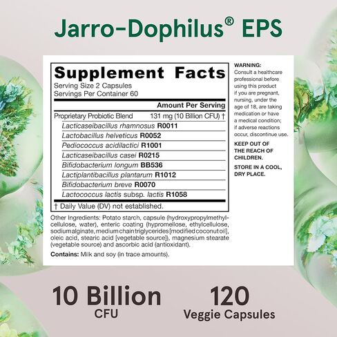 Jarrow Formulas Jarro-Dophilus EPS Probiotics 10 Billion CFU for Intestinal Tract Support, Probiotic Supplement for Gut Health for Women and Men, 120 Veggie Capsules, up to a 60 Day Supply in Kuwait
