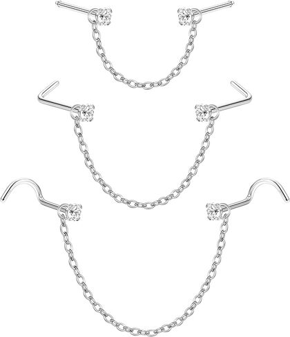 TEN MIRO سلسلة الأنف ثقب عبر الأنف الجراحية الصلب الأنف ثقب المجوهرات تشيكوسلوفاكيا L على شكل ترصيع الأنف وسلسلة القلب 20 جرام ثقب سلسلة الأنف للنساء (فضية واحدة) in Kuwait
