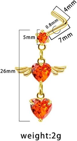 20G CZ Heart Dangle Nose Rings Stainless Steel L-Shaped Nose Studs Screws Dangling Gold Nose Piercing Jewelry for Women in Saudi Arabia
