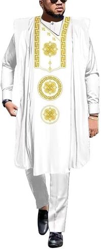 African Mens Clothing Sets Traditional Embroidery African Agbada Robe Suits 3 Piece Set Dashiki Outfit African Attire in Kuwait