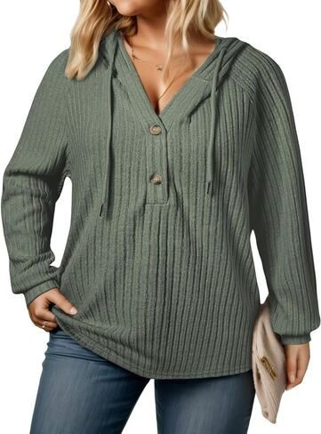 VISLILY Womens-Plus-Size-Hoodies Button V Neck Lightweight Knit Sweaters Casual Long Sleeve Tops Drawstring Hooded Sweatshirt in Kuwait